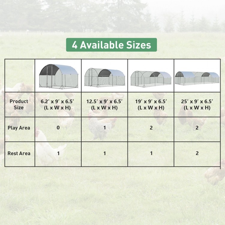 Size comparison chart for large metal chicken coops, showing dimensions and play/rest area for various models.