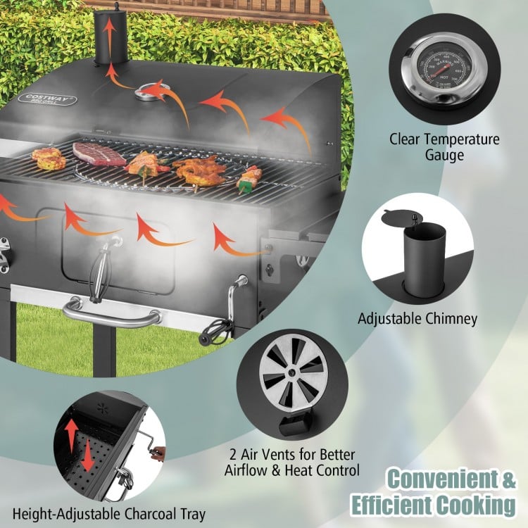Outdoor BBQ charcoal grill with adjustable chimney, temperature gauge, and foldable side tables for efficient cooking.