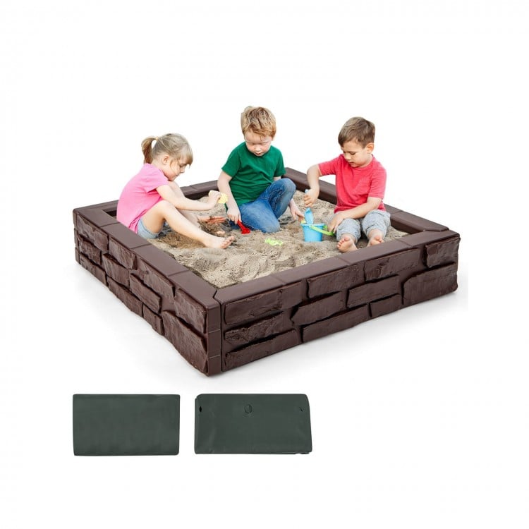 Kids playing in a brown HDPE sandbox with cover, designed for 1-4 children aged 3-12 years, promoting creativity.