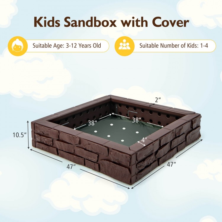 Kids sandbox with cover in brown, featuring a durable HDPE frame and bottom liner for sand depth adjustment and.