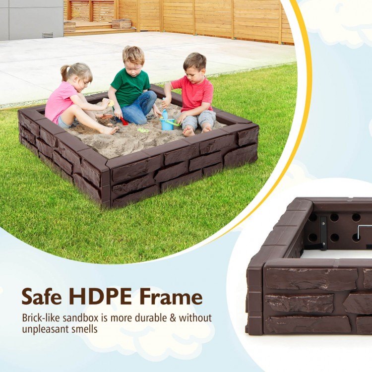 Kids playing in the 2-in-1 HDPE brown sandbox with cover, designed for durability and creativity for ages 3-12.