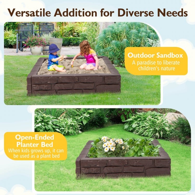 Kids can enjoy the brown 2-in-1 HDPE sandbox with cover, perfect for play or as a planter bed for outdoor fun.