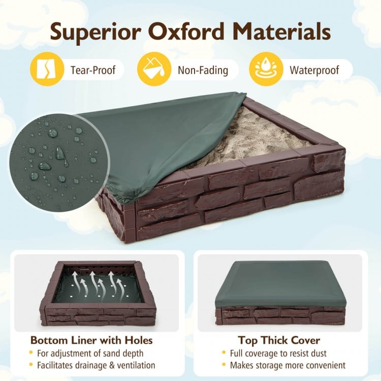 Brown 2-in-1 HDPE kids sandbox with waterproof cover and bottom liner, ideal for outdoor play and creativity.
