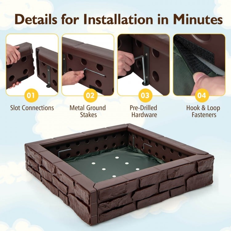 Installation details for the 2-In-1 HDPE kids sandbox with cover, featuring slot connections and metal ground stakes.