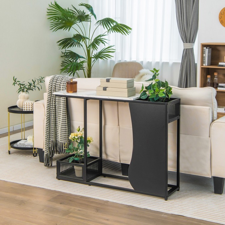 43.5-inch console table with faux marble top, black metal frame, featuring plant positions for stylish indoor decor.