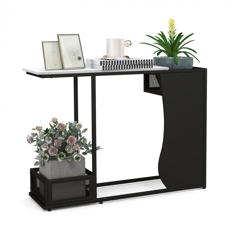 Console table with faux marble top and plant positions, featuring a black powder-coated metal frame for entryway use.