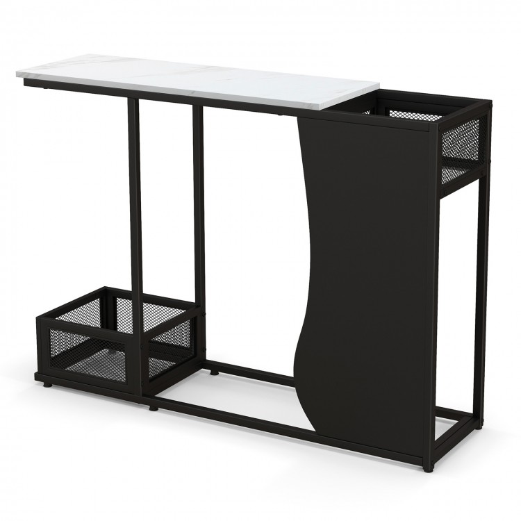 Console table with faux marble top, black metal frame, featuring two plant positions for decorative display.