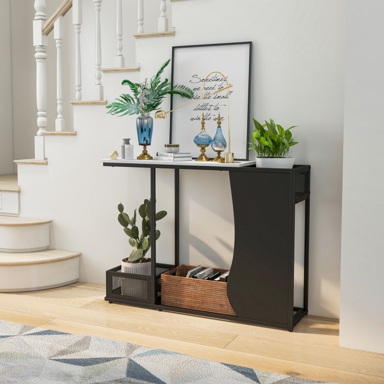 Console table with faux marble top and plant positions, featuring a black powder-coated metal frame for entryway decor.