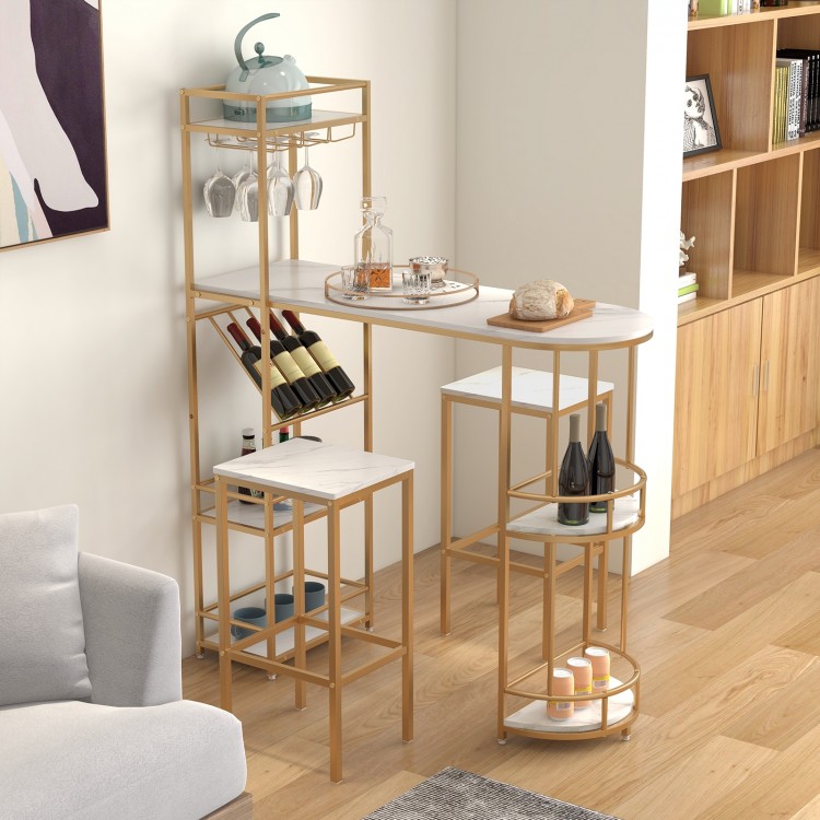 3-piece bar table set with gold frame, simulated marble top, wine rack, and two stools for stylish storage and seating.
