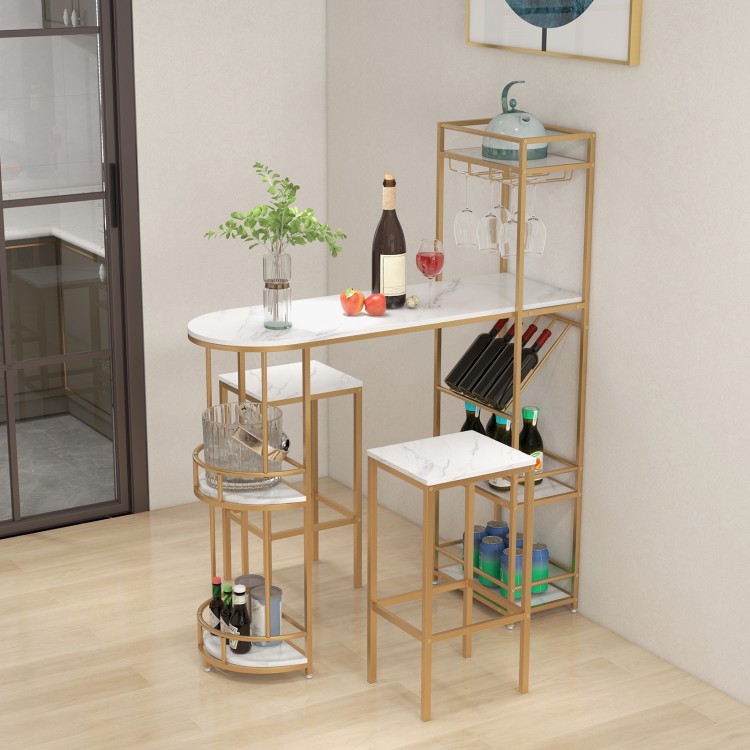 Bar table set featuring a golden frame, simulated marble top, and storage shelves, ideal for small spaces.