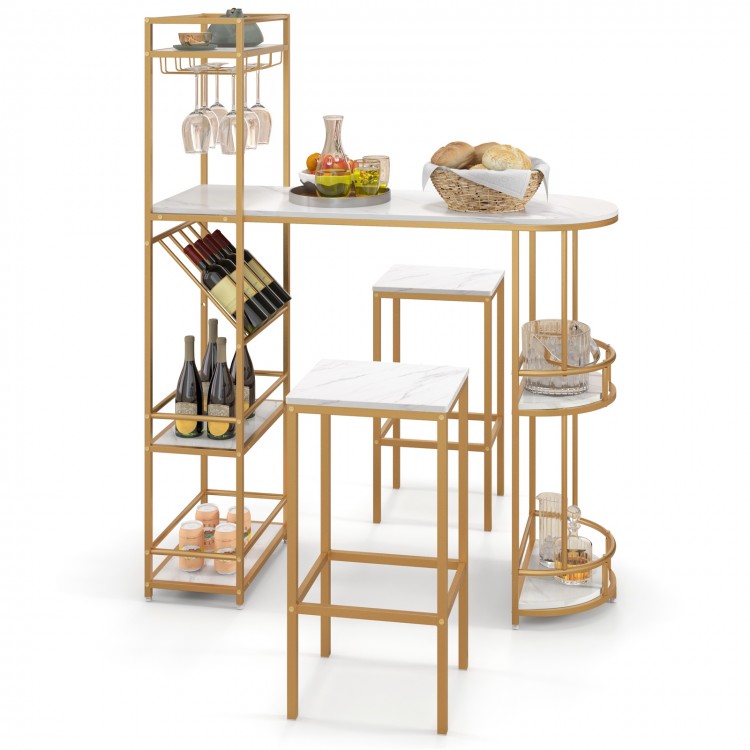 3-piece bar table set with a golden frame, featuring a wide table, two stools, and multiple storage shelves for.