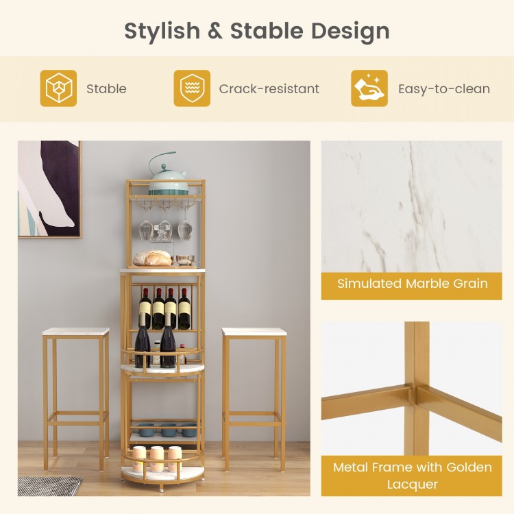 Bar table set featuring a simulated marble grain top, gold metal frame, and wine rack for stylish storage and.