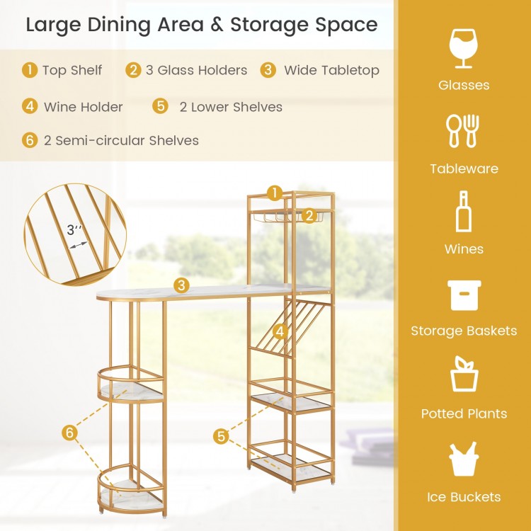 Bar table set featuring a wide tabletop, gold metal frame, and multiple storage shelves for organized dining.