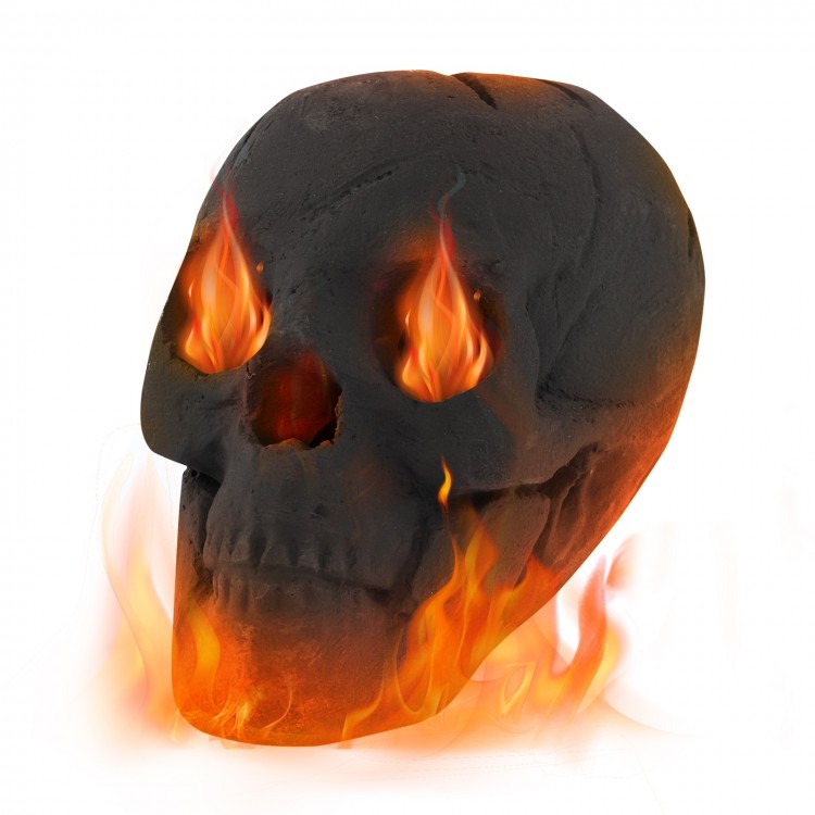 Realistic black skull fire pit decoration with flames escaping from eyes and nose, perfect for Halloween ambiance.