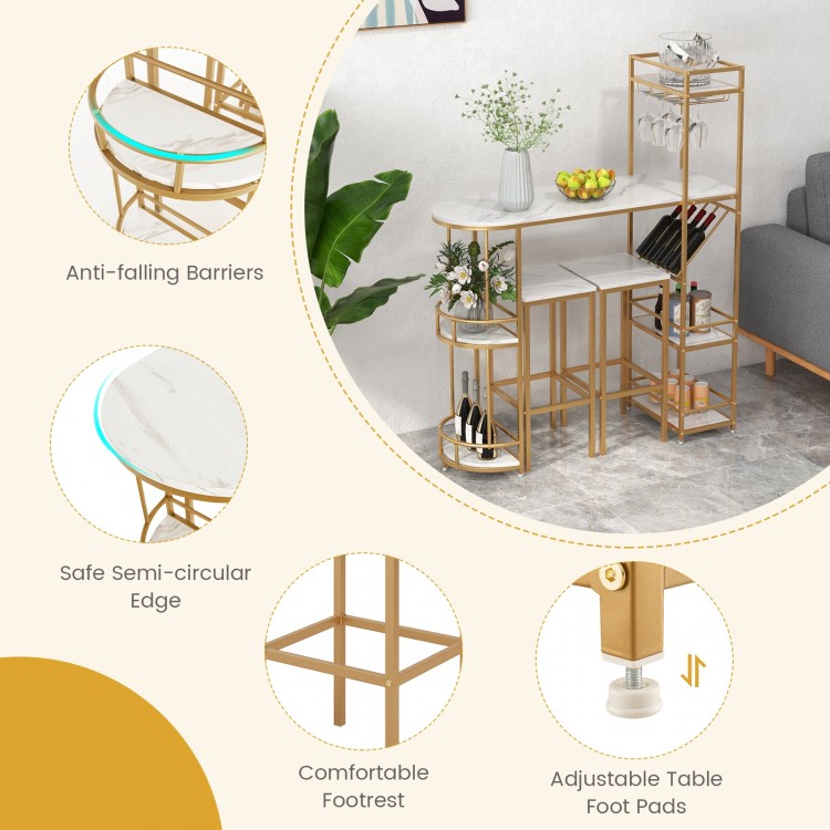 Bar table set featuring a simulated marble top, gold frame, and storage shelves for stylish organization in any space.