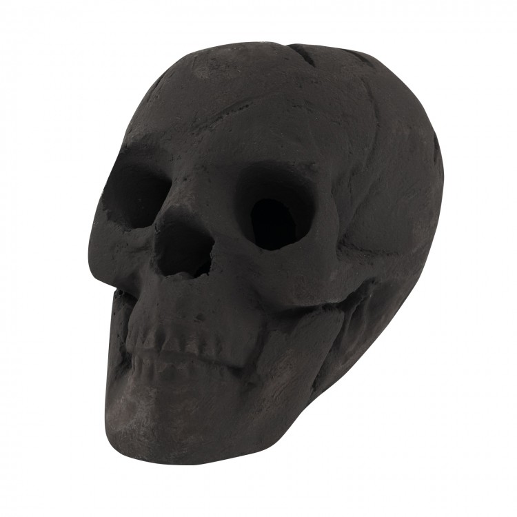 Realistic black ceramic fibre skull decoration for Halloween, designed for fire pits, with spooky details and fireproof.