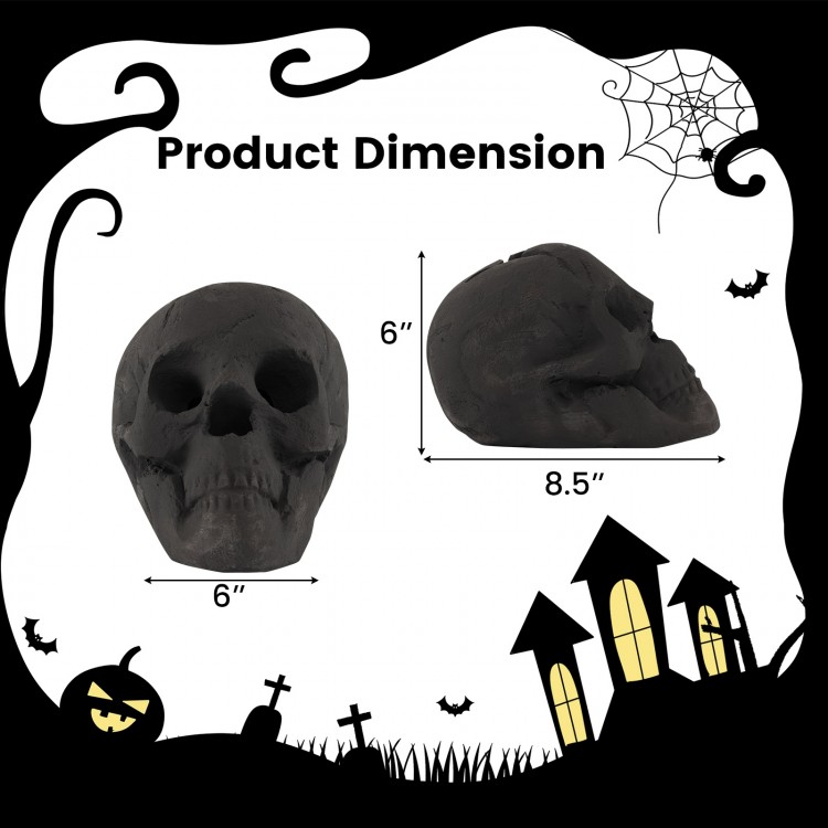 Black ceramic fibre skull decoration for Halloween, 6" x 8.5", designed for fire pits and spooky ambiance.