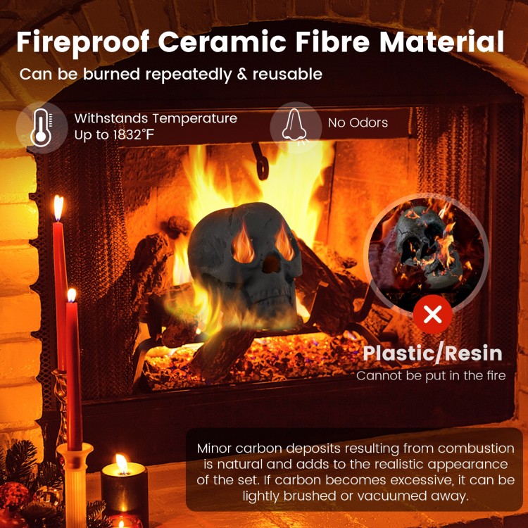 Realistic black skull fire pit decoration made of fireproof ceramic fibre, perfect for Halloween ambiance and outdoor.