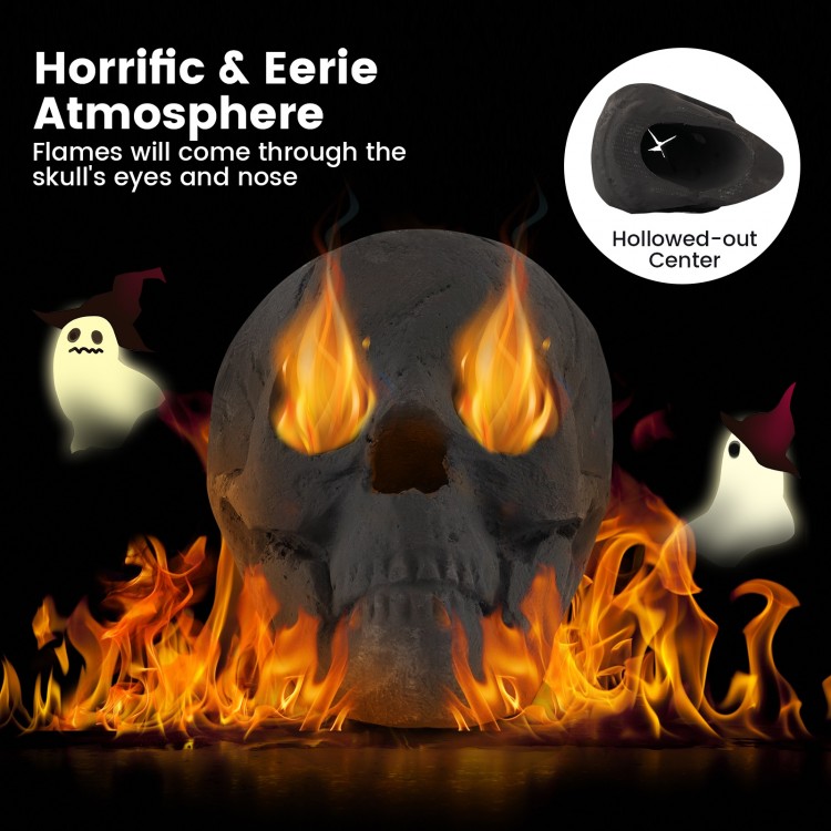 Black ceramic fibre skull with hollowed-out center and eerie flames, ideal for creating a terrifying Halloween.