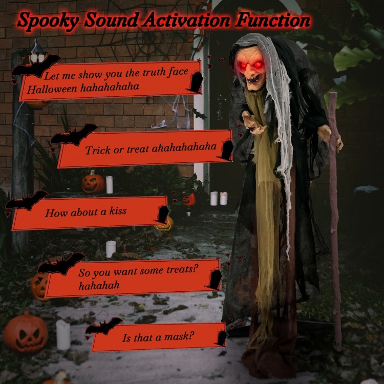 Life-size animatronic witch with red eyes and posable arms, perfect for Halloween parties and haunted houses.