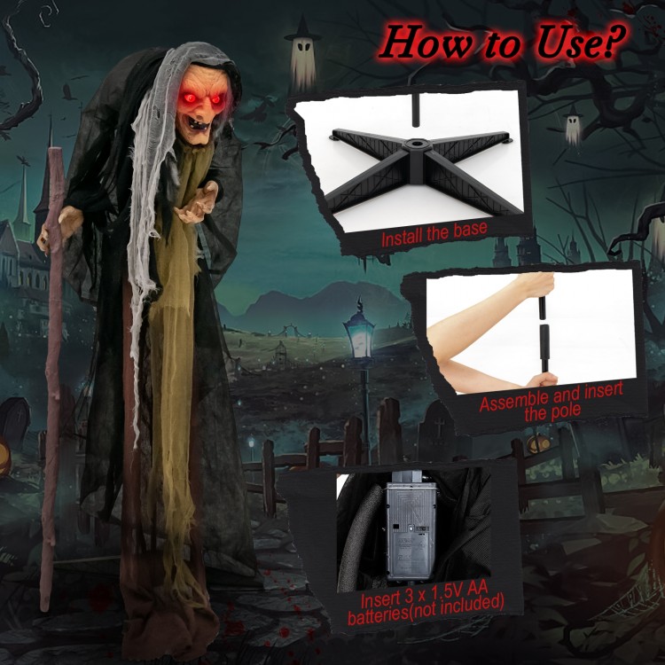 Life-size animatronic witch with red eyes, posable arms, and installation guide for indoor or outdoor Halloween decor.
