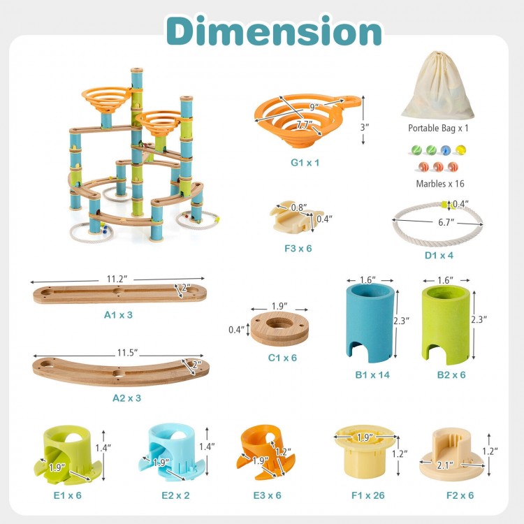 Bamboo marble run educational toy set dimensions with various pieces, including funnels and marbles for creative play.