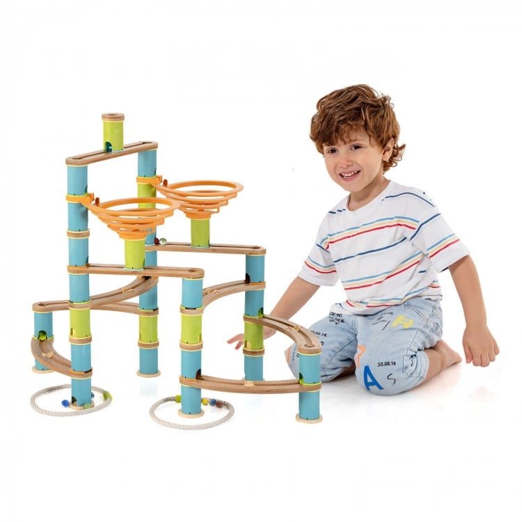 Bamboo marble run set with 162 pieces, featuring colorful rails and funnels for creative play and learning.