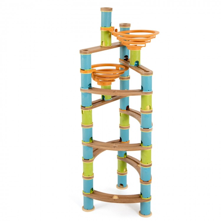 Bamboo marble run educational toy set with colorful funnels and curved rails for creative play and learning.