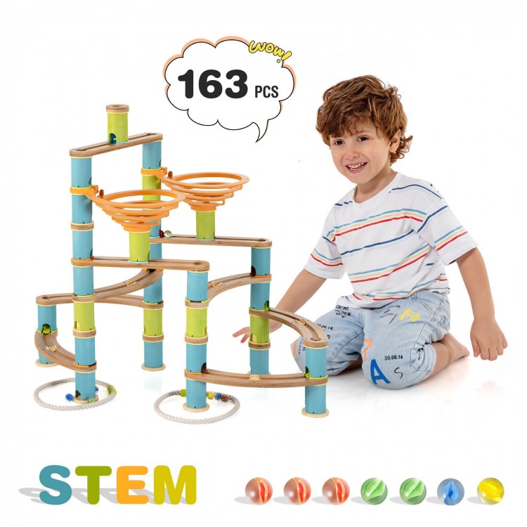 Bamboo marble run educational toy set with 163 pieces, featuring colorful rails and marbles for creative play.