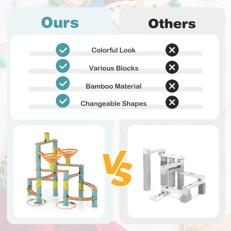 Colorful 162-piece bamboo marble run set with various blocks and changeable shapes for educational fun.