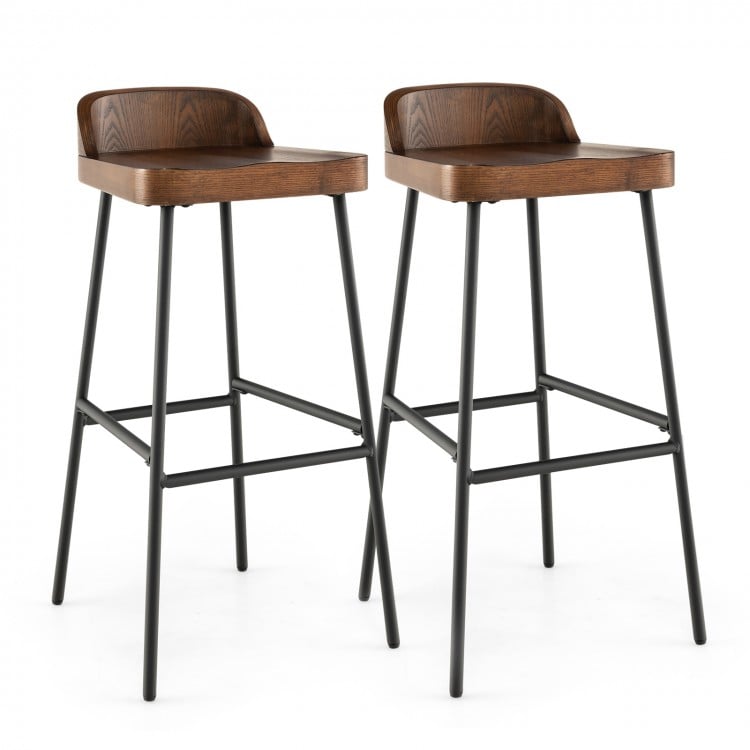 Set of 2 industrial bar stools with low back, 29" seat height, sturdy metal frame, perfect for kitchen islands.