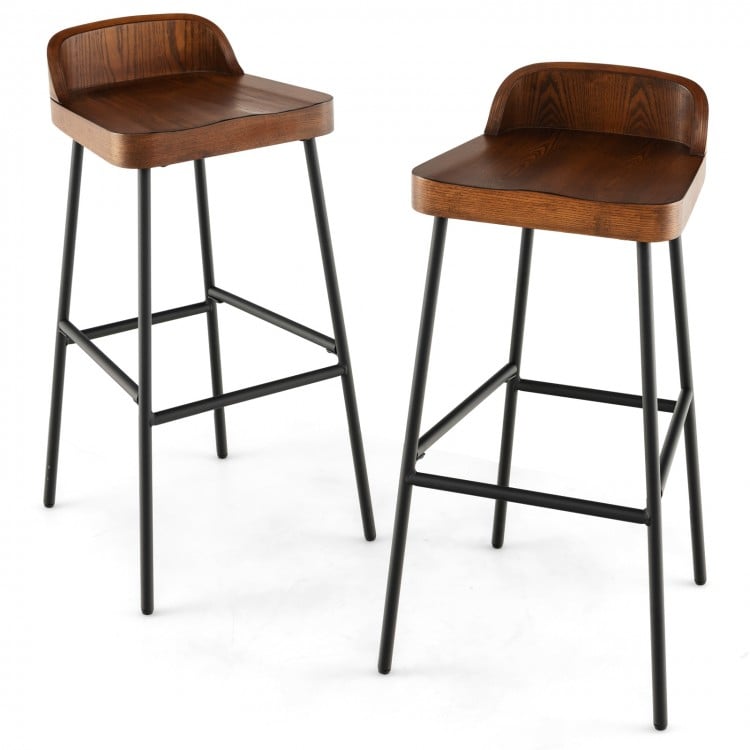 Set of 2 industrial bar stools with low back, 29" seat height, and sturdy metal frame for kitchen island use.
