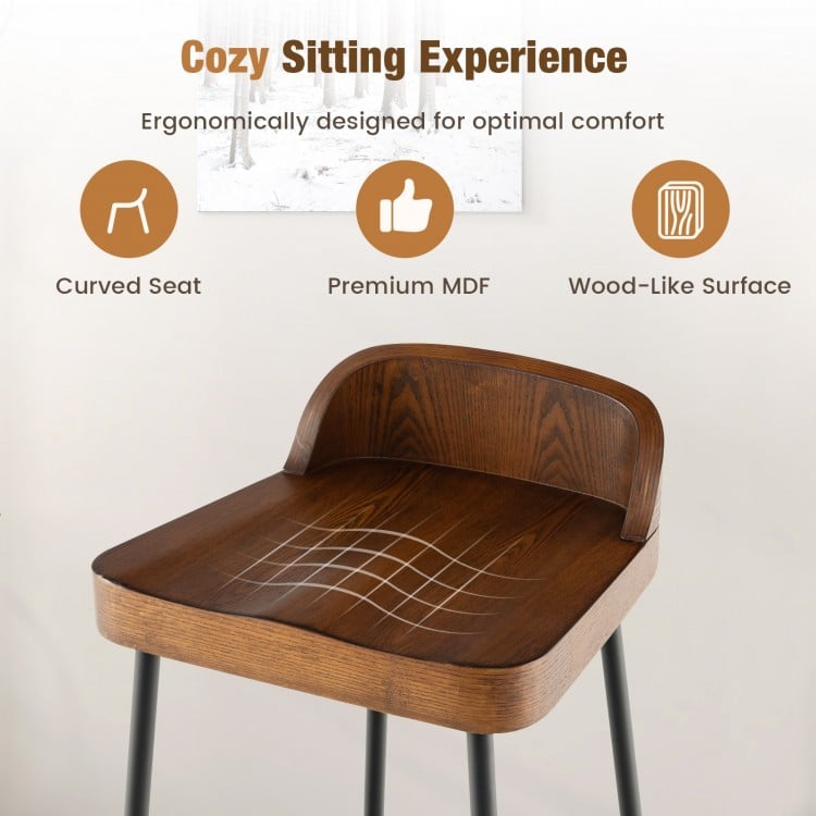 Industrial bar stool with low back and curved seat, made of premium MDF, designed for comfort and stability in kitchens.