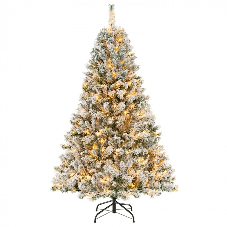 6-foot artificial Christmas tree with warm white LED lights and white flocking, perfect for festive winter decor.