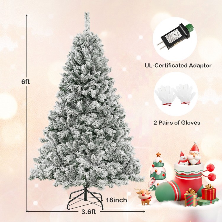 6ft artificial Christmas tree with white flocking, 644 branch tips, and warm white LED lights for festive decoration.