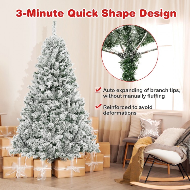 6-foot artificial Christmas tree with white flocking, 956 branch tips, and 300 warm white LED lights for festive decor.