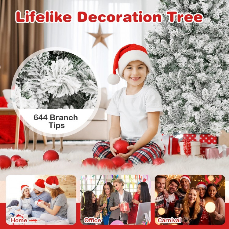 Lifelike 6 ft artificial Xmas tree with 644 branch tips, white flocking, and warm white LED lights for festive decor.