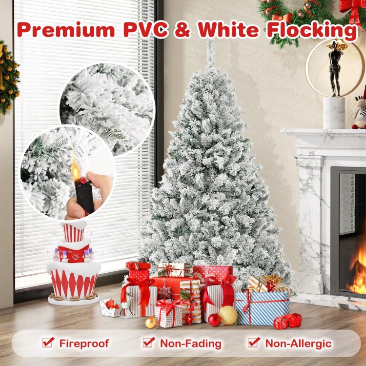6-foot artificial Christmas tree with white flocking, fireproof PVC, and 300 warm white LED lights for festive decor.