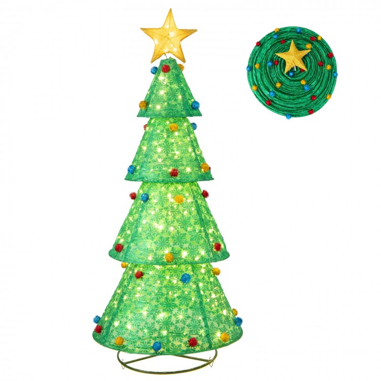 Pop-up Christmas tree with 200 warm white LED lights, featuring snowflake patterns and colorful nylon decorations for.
