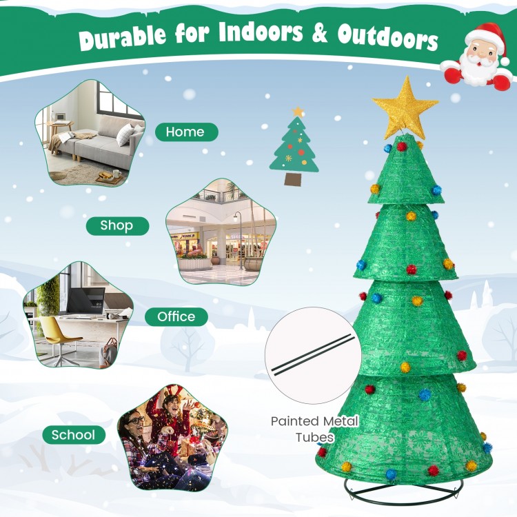 Pop-up Christmas tree with 200 warm white LED lights, colorful decorations, and a collapsible design for easy storage.
