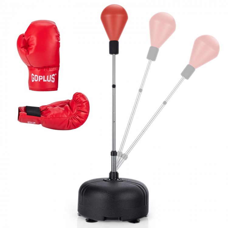 Adjustable freestanding punching bag in red with durable boxing gloves, suitable for fitness and training.