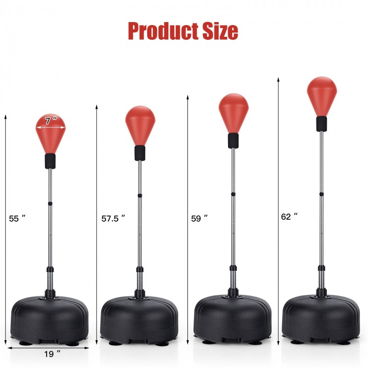 Adjustable freestanding punching bag showing height options from 55 to 62 inches, ideal for fitness and training.