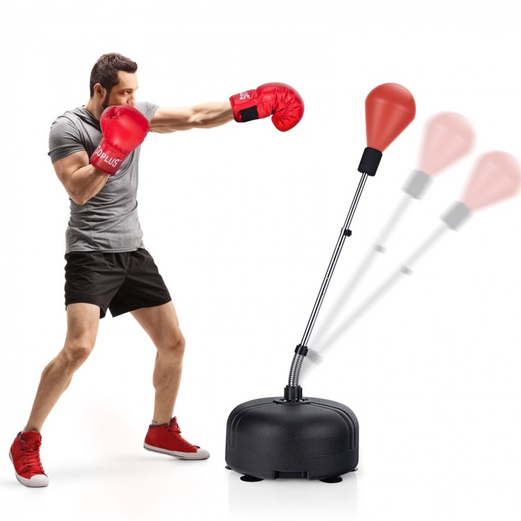 Freestanding adjustable punching bag with durable boxing ball, red gloves, and stable base for fitness training.