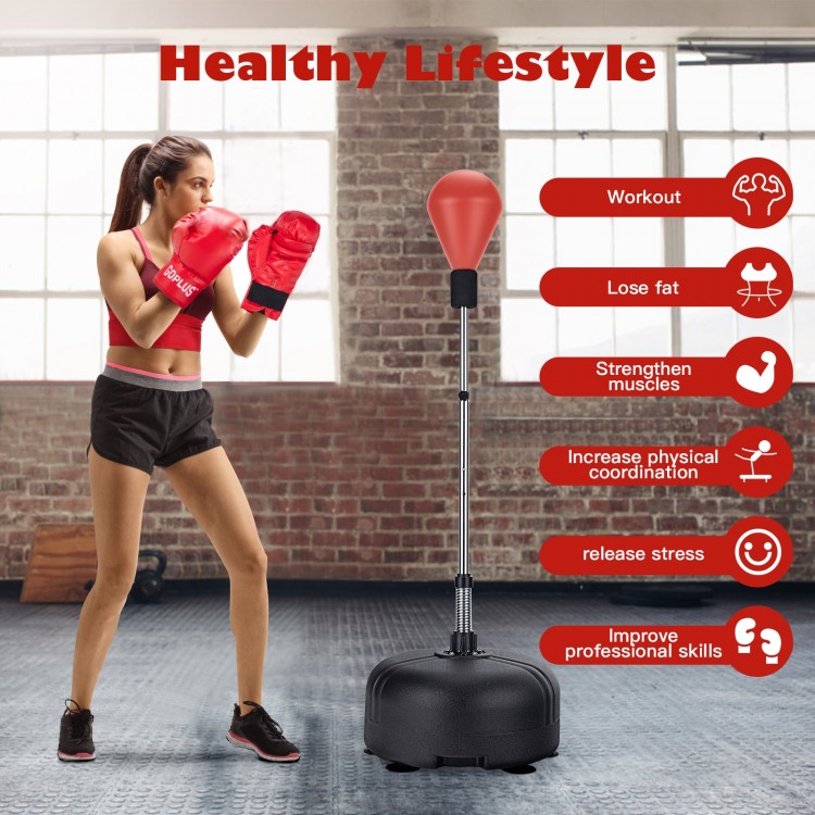 Adjustable freestanding punching bag in red with boxing gloves, designed for fitness and professional training.