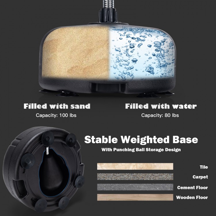 Weighted base of the adjustable freestanding punching bag, filled with sand or water for stability on various surfaces.