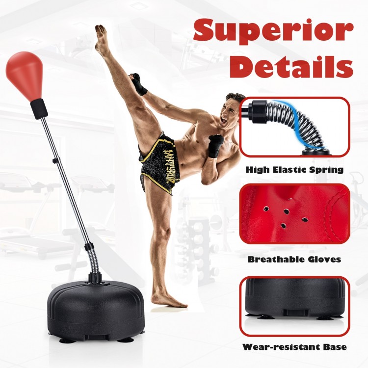 Freestanding adjustable punching bag in red with breathable gloves, featuring a durable base and high elastic spring.