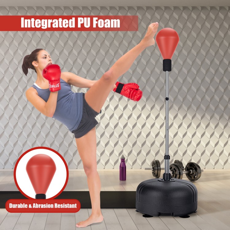 Freestanding adjustable punching bag with integrated PU foam, red boxing gloves, and stable base for fitness training.