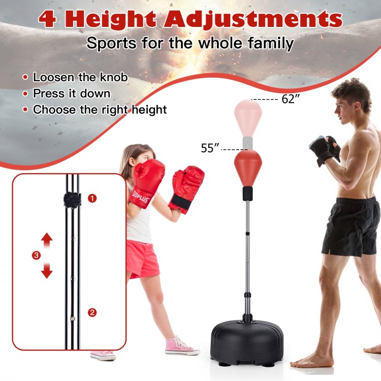 Adjustable freestanding punching bag with red boxing gloves, featuring 4 height adjustments for versatile training.