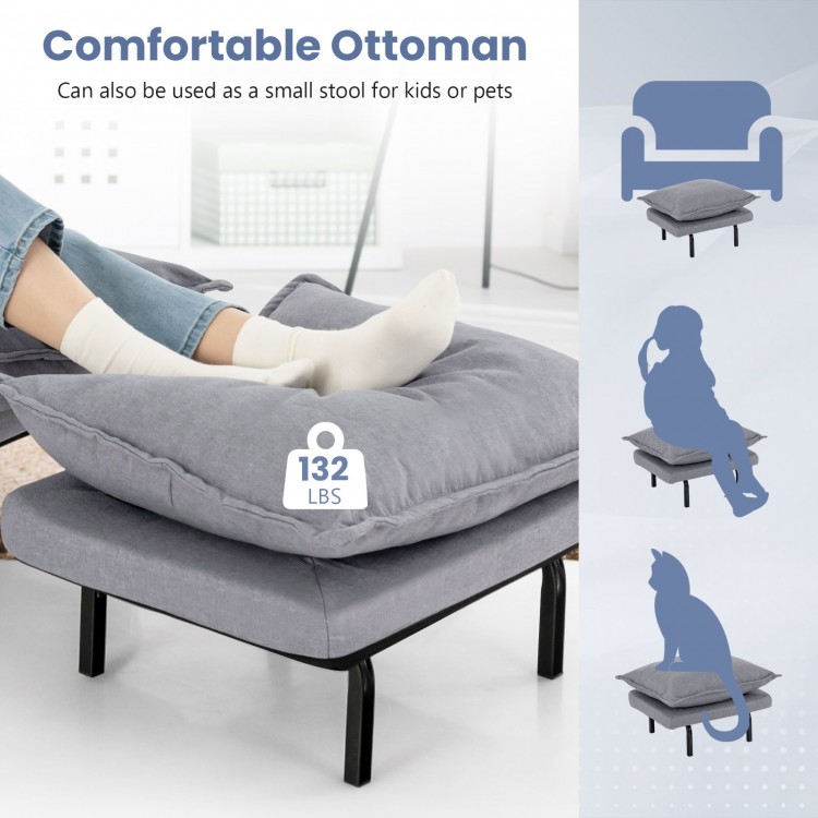 Gray ottoman with detachable cushion, supporting up to 132 lbs, ideal for kids or pets in living room settings.