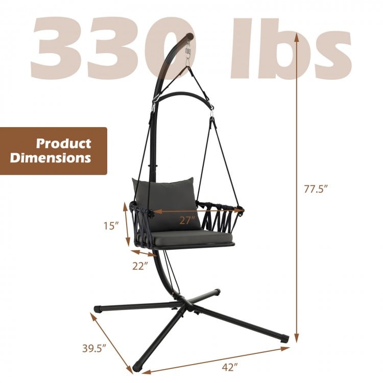 Hanging swing chair with gray cushions and reinforced metal stand, ideal for indoor and outdoor relaxation.